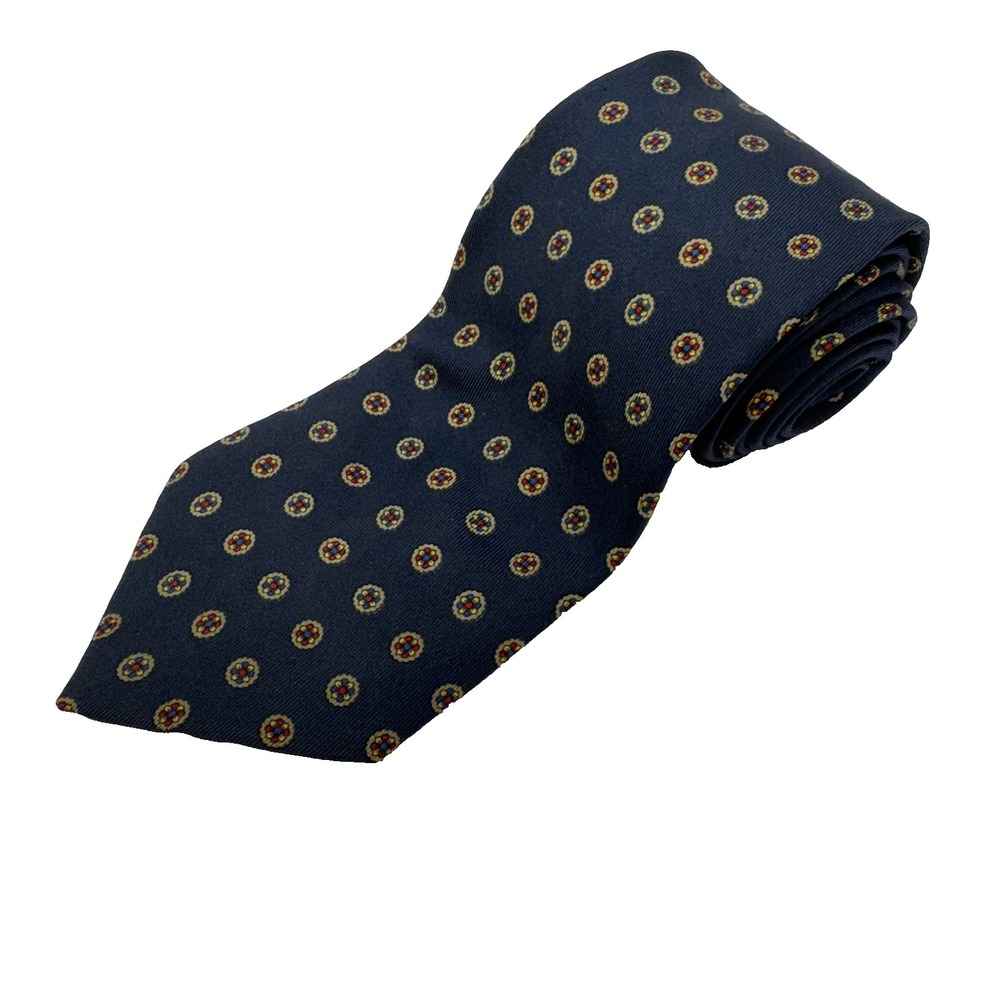 Ermenegildo Zegna 100% Silk Tie Medallion Floral Rosette Navy Blue Made in Italy